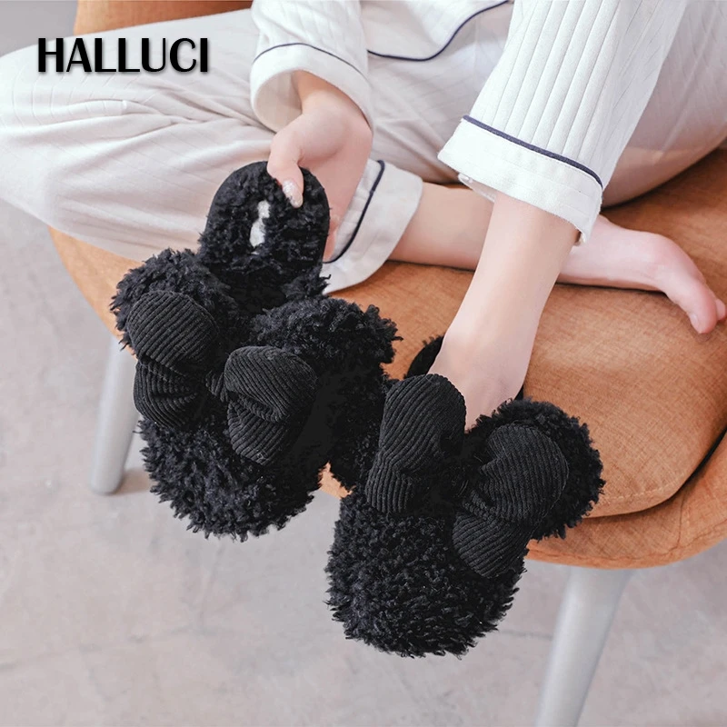 

Меховые мягкие зимние домашние тапочки, обувь, женские сандалии, красивая обувь без застежки с бантом, шлепанцы, лоферы TX32008