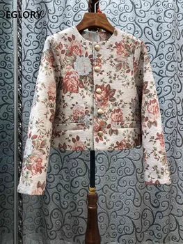 

High Quality Jacket 2020 Spring Summer Tops Coat Women Vintage Jacquard Print Golden Button Deco Long Sleeve Casual Coats Female