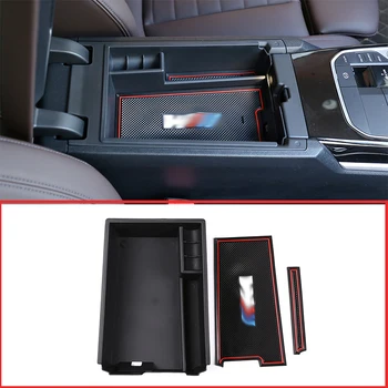 

Black Plastic Car Center Console Armrest Storage Box With Colourful M LOGO with Mat For BMW 3 Series G20 G38 325 2019 2020 Year