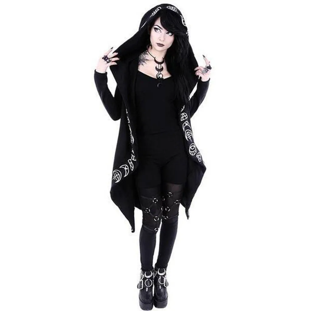 

JAYCOSIN Cardigan Jacket Women Gothic Hooded Plus Size Cotton Loose Moon Plain Print Long Coat Punk Hoodie Irregular Hoodie Top