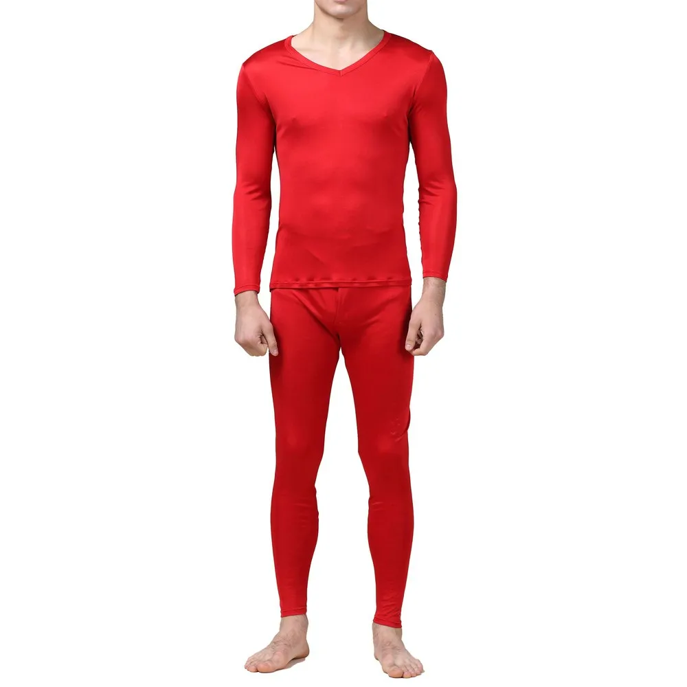 Мужские кальсоны из чистого шелка, трикотажное мужское термобелье с v-образным вырезом для мужчин, осенне-зимний топ и низ, комплект, размер L XL XXL - Цвет: Red