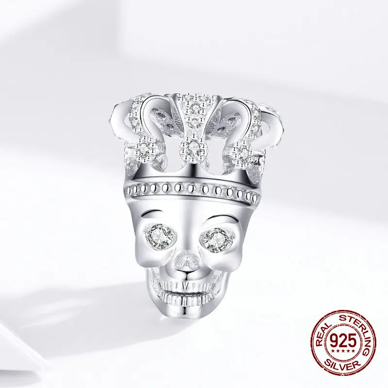 Fit Pandora Шарм браслет череп с короной прозрачные бусины из циркона Серебро 925 ожерелье кулон ювелирные изделия подарок на Хэллоуин