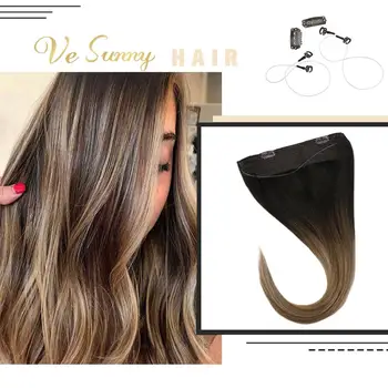 

VeSunny Invisible Halo Hair Extensions Human Hair Flip Wire with 2 Clips Balayage Ombre Brown to Ash Blonde Highlights #2/6/18A