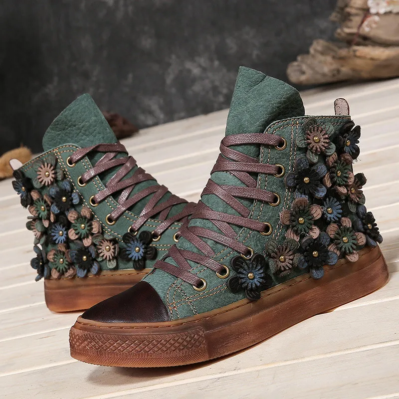 

New Top Layer Cowhide Leather High-top Lady Shoes 2020 Winter Ankle Boots For Woman Retro Flower Flat Platform Boots Shoes Woman