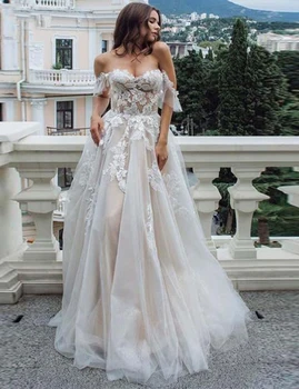 

2020 Elegant Sexy Off Shoulder Wedding Dresses Long A-line Bridal Gown Zip back robes de mariée Champagne Lace vestidos de noiva