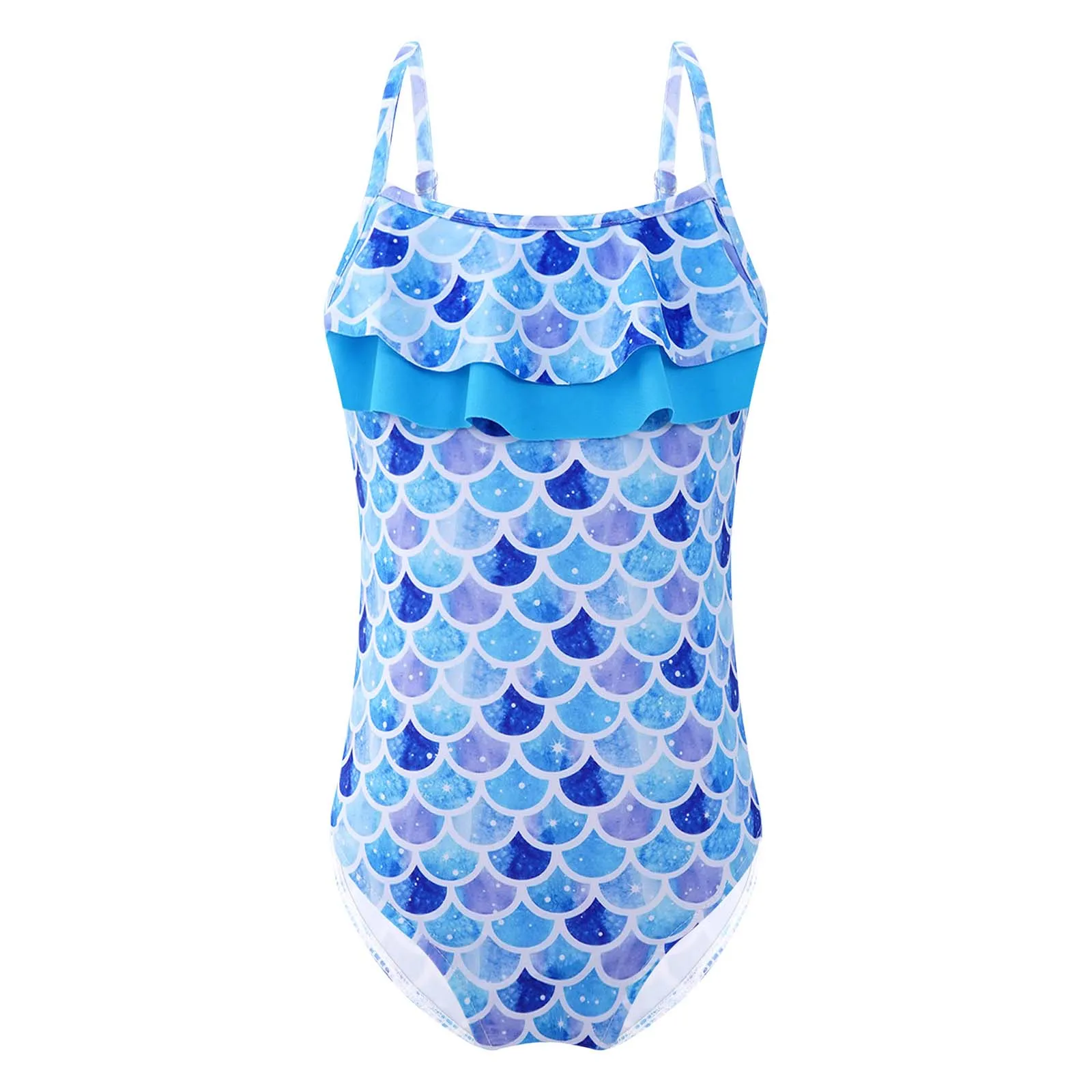 TiaoBug Kids Girls One-Piece Swimming Bodysuit Swimwear Straps Ruffle Hem Fish Scales Print Beach Pool Bathing Jumpsuit Leotard