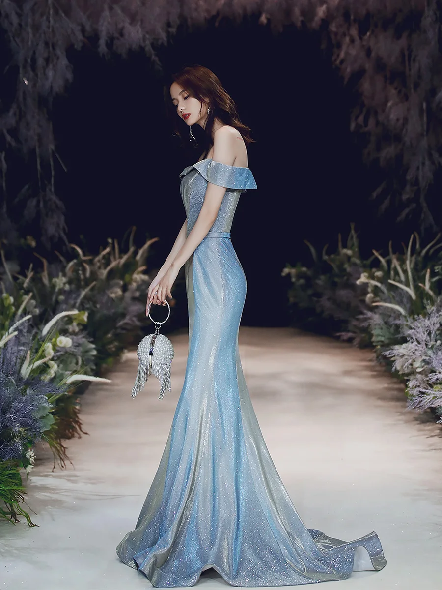

New High Quality Sexy Off Shoulder Fishtail Evening Dress Sequins Lace Little Tail Fashion Prom Party Gowns Elegant Temperament