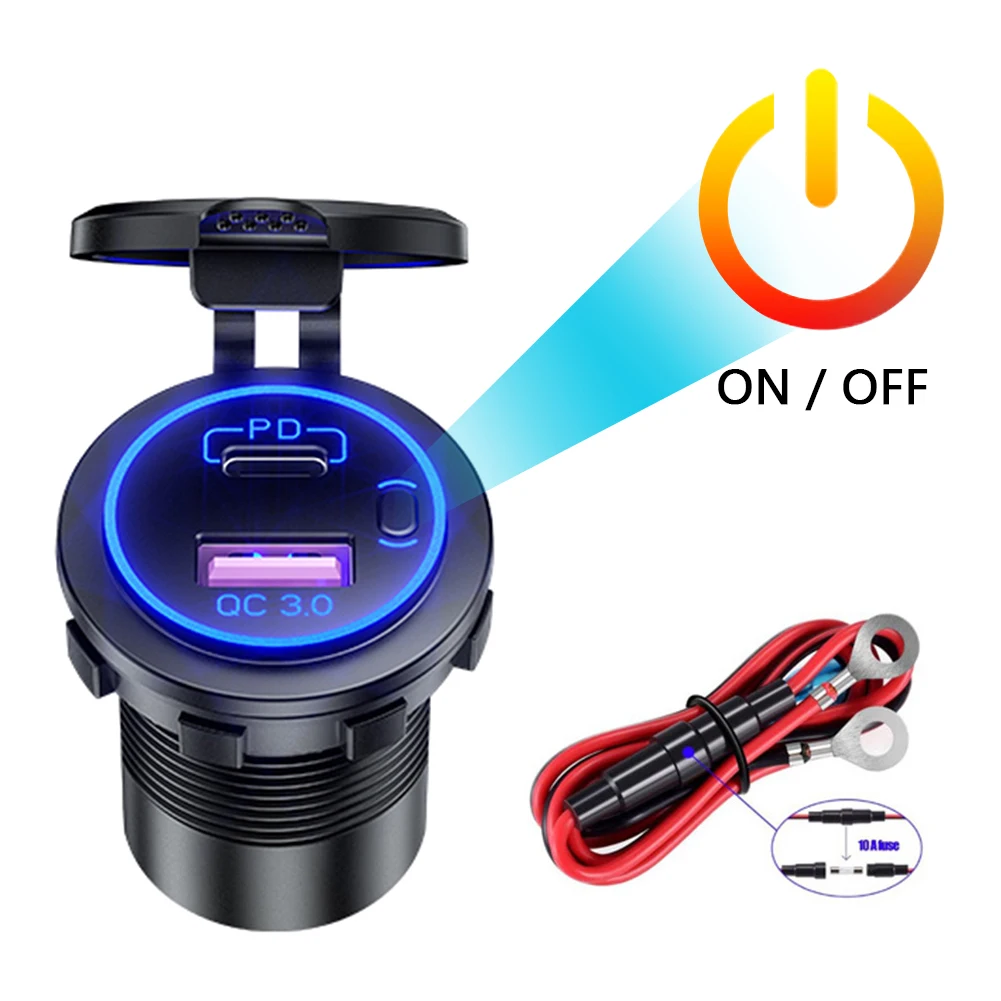 Водонепроницаемое зарядное устройство PD + Quick Charge 3 0 два USB-порта с выключателем