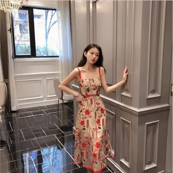 

French Vintage Lace Embroidery Temperament Street Sexy Casual Slim Dress Fairy Beach Party Vestidos Spaghetti Strap Midi Dress
