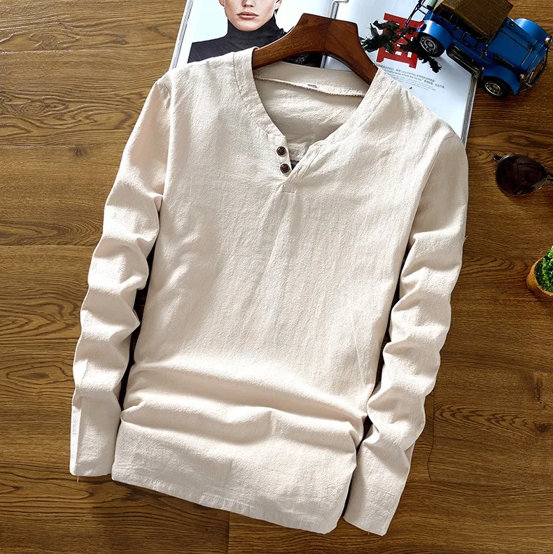 khaki-2 button Мужские хлопковые льняные рубашки с длинным рукавом, повседневные, размера плюс 5XL, v-образный вырез, выше размера, китайский стиль, черный цвет, хаки, топы, футболки на осень и зиму - Цвет: khaki-2 button
