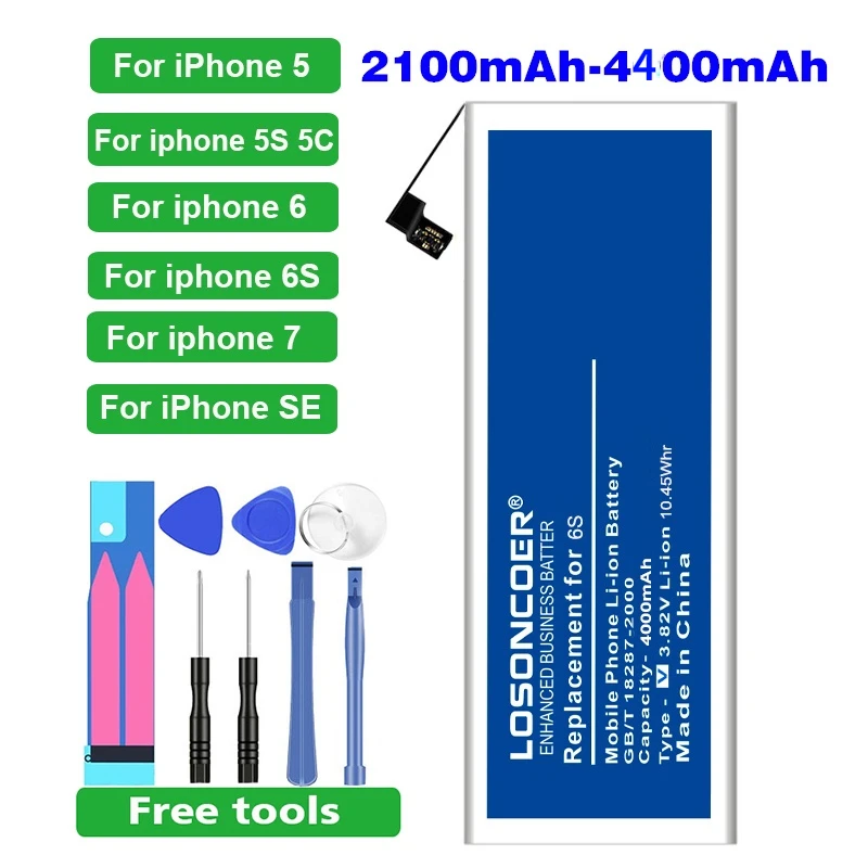 

2100-4400mAh For Apple iPhone 5 Battery 5S 5C 6 6S 7 SE 5SE Battery,Polymer Batteries Gift Tools Mobile Phone Stand Screwdriver