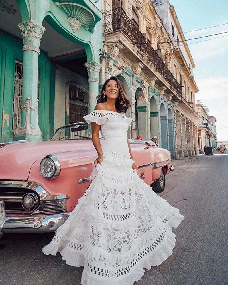 

2019 Woman Summer Autumn new style One-shouldered ruffled openwork lace elegant evening party white maxi dress vacation wear