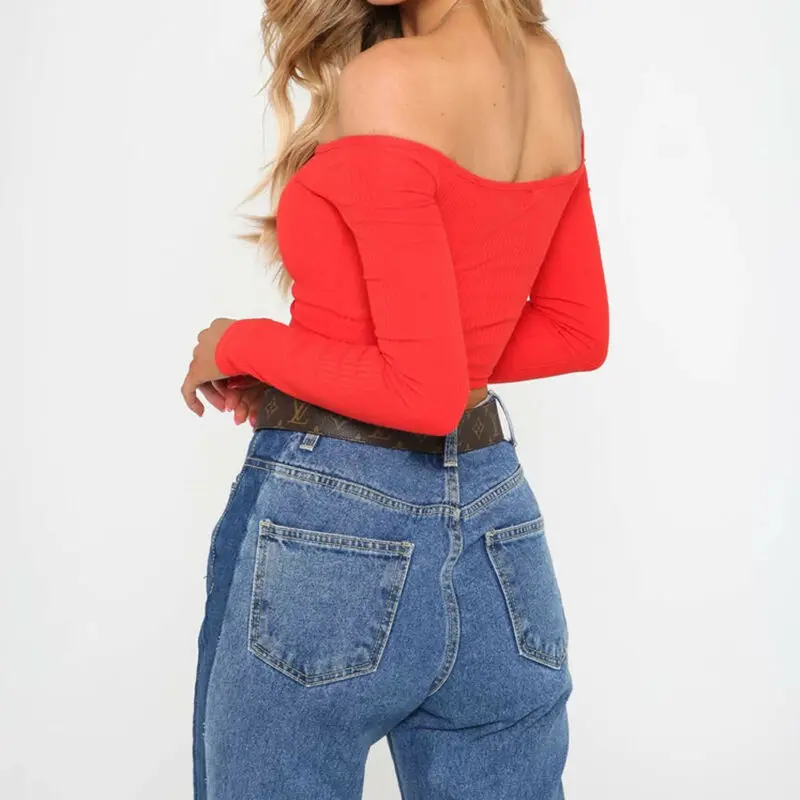 

2019 New Women Off Shoulder Slash Neck Sexy Crop Top Lady Long Sleeve Solid Color Female T-shirt Plus Size