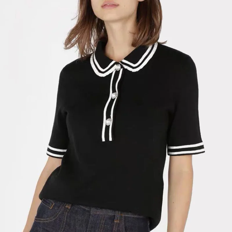 

Autumn 2019 New Short Sleeve Sweater Little Fragrance Autumn Slim Knitted Top Turn-down Collar Pullovers Black Sweater Women
