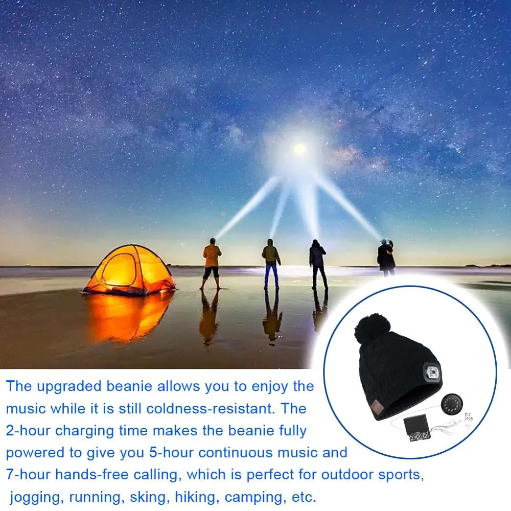 Wool Bluetooth LED Lamp Cap Warm Winter Wireless 5.0 Headphone Cap with LED Light Irradiation 40 Meters