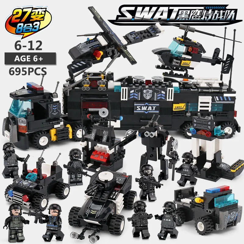 

8Pcs/lot SWAT Police Command Truck Building Blocks Sets City Helicopter LegoINGs Model Bricks Kits Educational Toys for Children