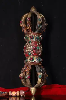 

10" Tibet Buddhism Temple Copperware Painted mosaic gem Avalokitesvara Buddha Statue Dorje Vajra Phurba Dagger Holder faqi