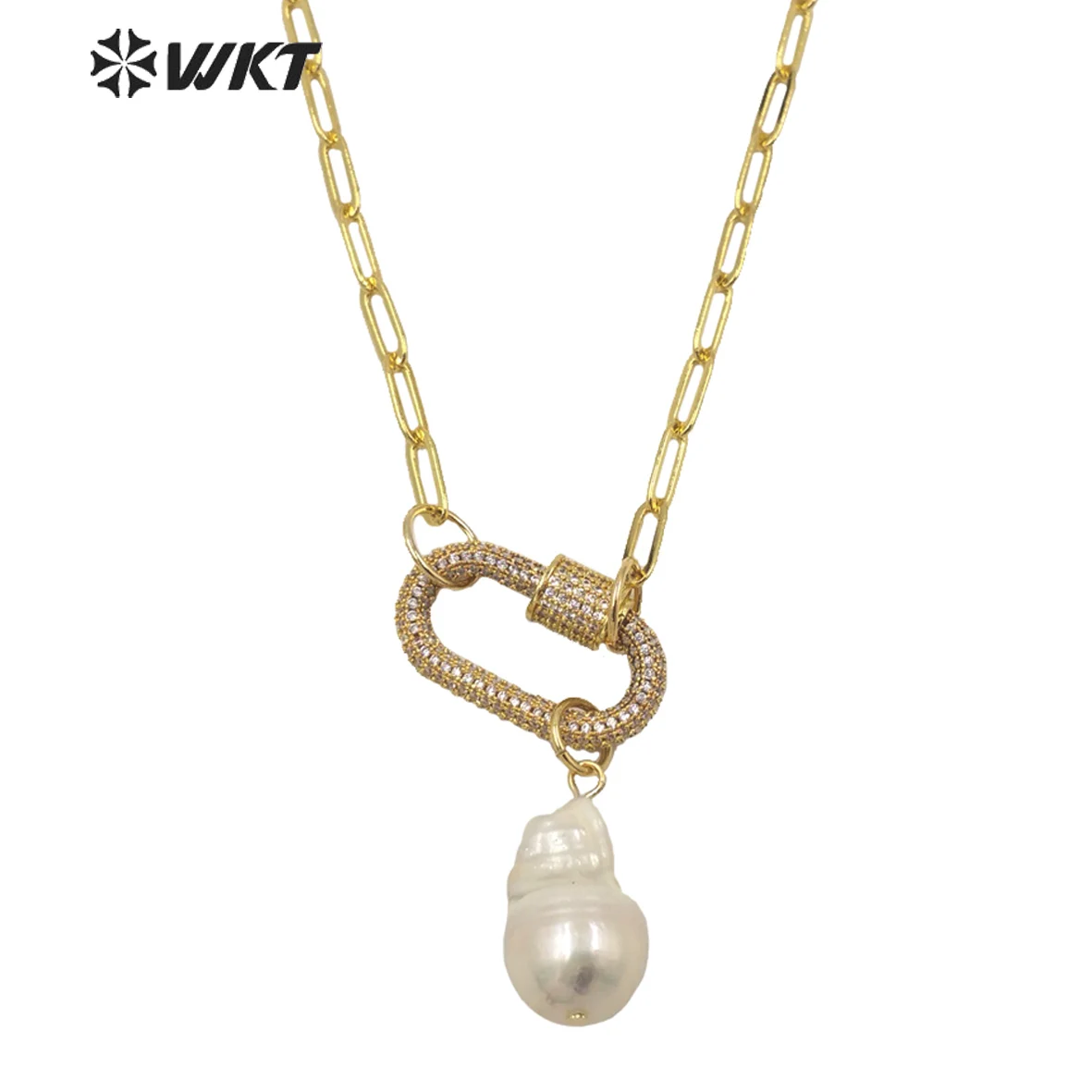 

WT-JN152 Wholesale Fashion Gorgeous Natural Freshwater Baroque Necklace Gold Micropave CZ Clasp Decorative Pearl Decorated