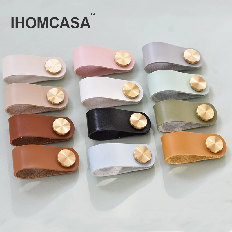 Furniture Handles IHOMCASA12 Colors Nordic Furniture Drawer Knob Brass Wardrobe Cupboard Cabinet Handle Door Pulls Eco-Friendly Artificial Leather