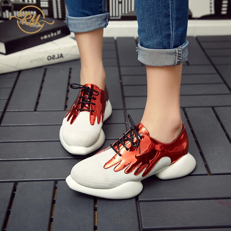 

RY-RELAA women sneakers 2018 fashion Genuine Leather wedges shoes for women ins Mesh shoes white shoes glitter running sneakers
