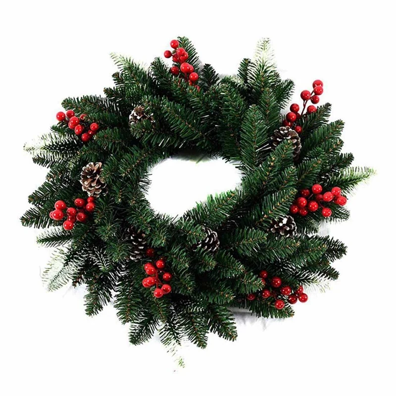 

40cm Christmas Wreath Door Decoration Artificial Foam Berry Wreath with Natural Pine Cone Pendant Wall Decor Wreath
