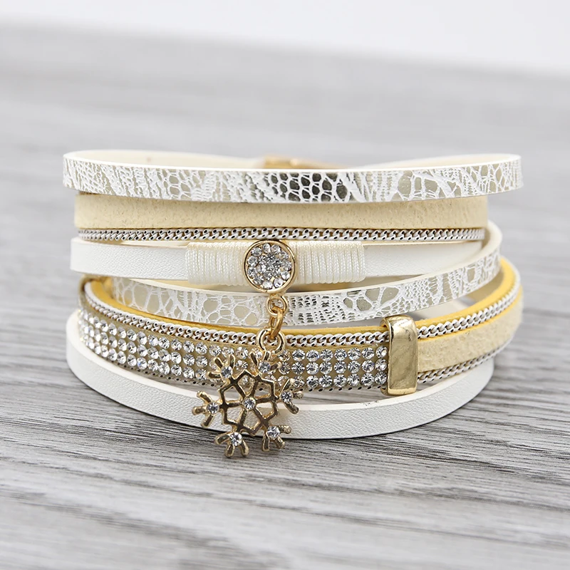 

Multilayer Leather Bracelets for Women Vintage Snowflakes Bracelet Rhinestone Chain Magetic Wristbands Femme 2019
