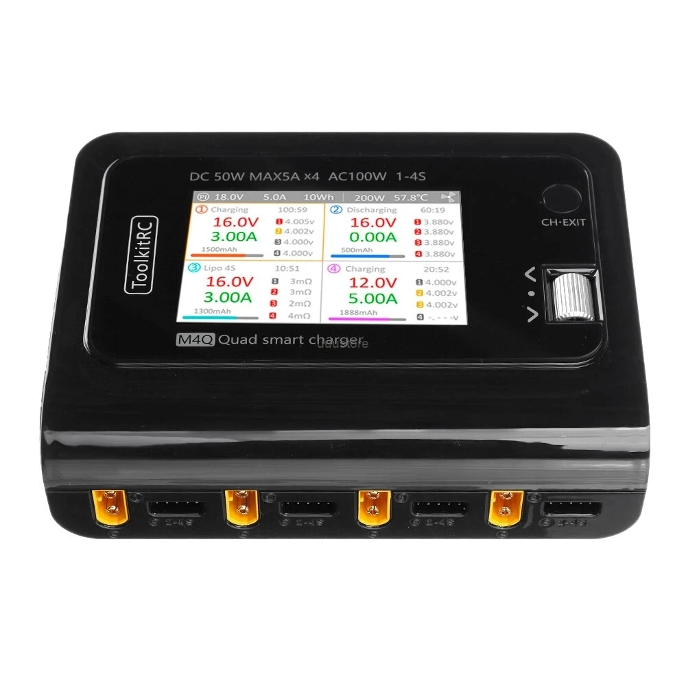 ToolkitRC M4Q 4x50w 5A 1-4S AC 100W 4 Ports XT60 XT30 DC Smart Charger 32 Bit ARM IPS Bright Clear Wide Angle Display for RC FPV