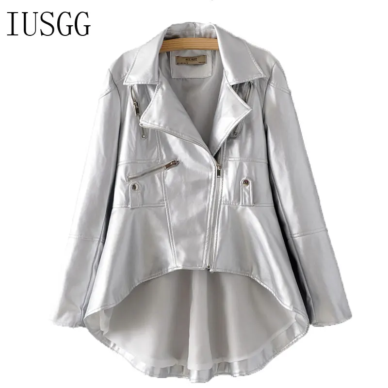 

Faux PU Leather Jacket for Women Solid Zipper Irregular Jacket Short Front Long Back Design Loose Outerwear Blazer-collar Street