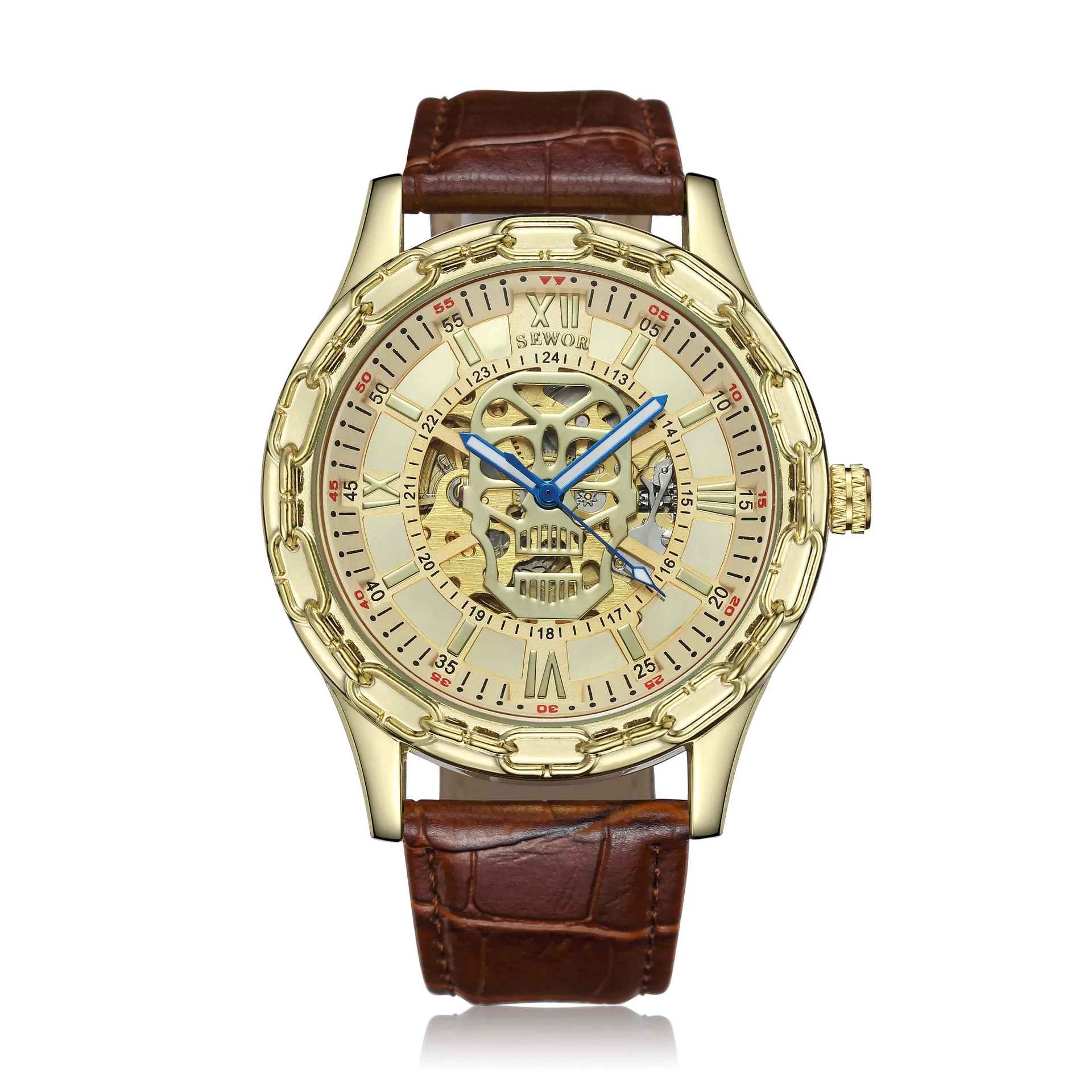 

Sewor Brand MEN'S Watch Iron Chain Dial Skeleton Skull Head Hollow out Fully Automatic MEN'S Watch Casual Men Watch
