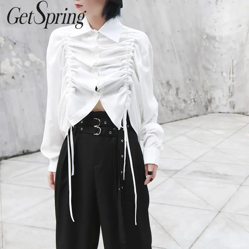 

GETSPRING Women Shirt Drawstring Bandage Irregular Womens Tops Blouses White Black Yellow All Match Asymmetry Summer Tops 2019
