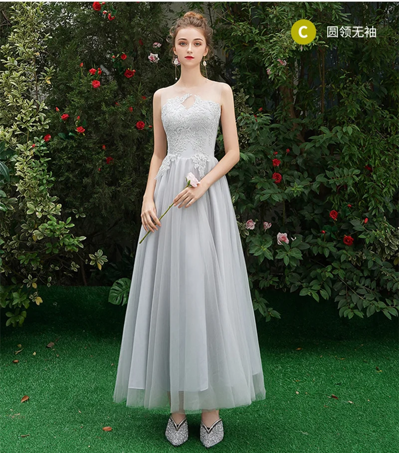 Light Blue Long C Красота Эмили круглым вырезом с кружевными аппликациями, Платья для подружек невесты короткий рукав розовый длинное платье для Свадебная вечеринка бусины со шнуровкой сзади Vestido - Цвет: Light Blue Long C