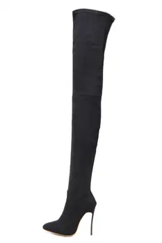 

Woman Winter Long Boots Suede Tan Over The Knee Zipper Stretch Pointed Toe Thigh High Heels Boots Sexy Female Botines Motorcycle
