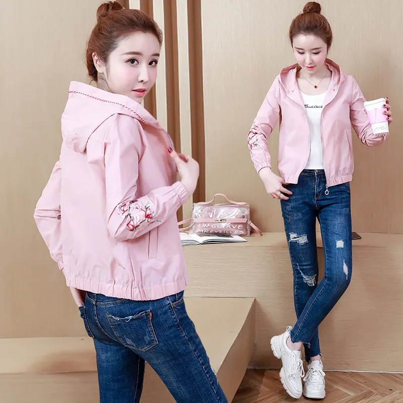 

Spring Clothing New Style Korean-style Students Short Coat Thin Hooded Embroidery Cardigan Tops Women's