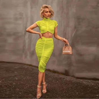 

Summer Fluorescent Green Short Sleeve 2 Piece Set Fashion Ruched High Collar High Street Sexy Bodycon Short Top& Midi Dress 2019