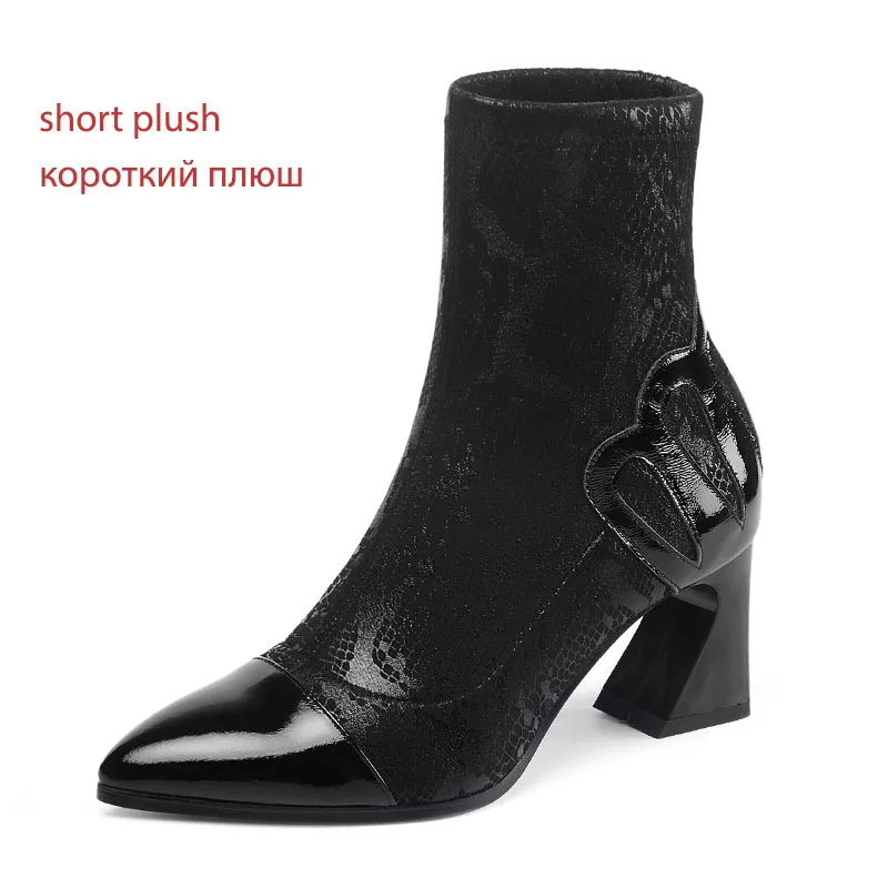 ISNOM/ботинки из коровьей кожи; женские эластичные ботильоны с принтом; женская обувь на высоком каблуке; женская обувь с острым носком и принтом; женская зимняя обувь - Цвет: black short plush