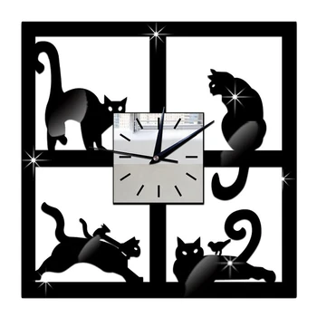 

3D Unique Cat Mirror Black Wall Clock Modern Design Home Environmentally Friendly Crystal Decoration
