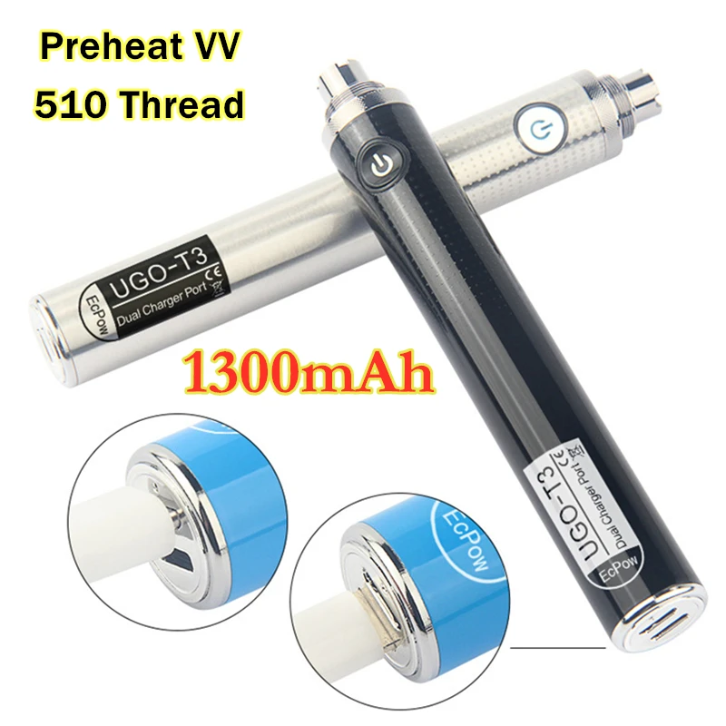 

E Cig Vape Pen Cartridge Battery Rechargeable 510 Thread Variable Voltage 1300 mAh CBD Preheat Hookah Dual Charger Port Battery