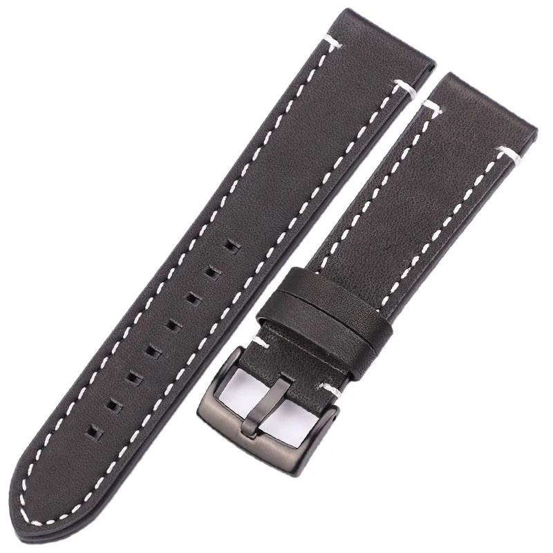 Black Black Buckle Ручная строчка, винтажные Ремешки для наручных часов для мужчин и женщин, натуральная кожа 18 20 22 24 мм, ремешок из телячьей кожи, Пряжка из нержавеющей стали - Цвет ремешка: Black Black Buckle