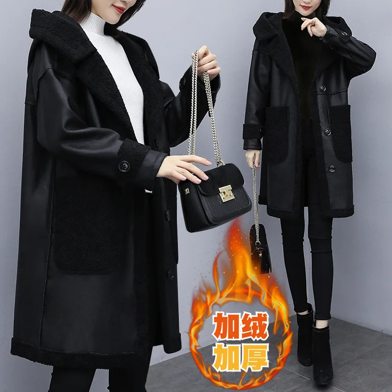 

2019 Winter New Style Fat Mm Plus-sized Slimming Lambs Wool Fight Skin Hooded Middle Long Coat