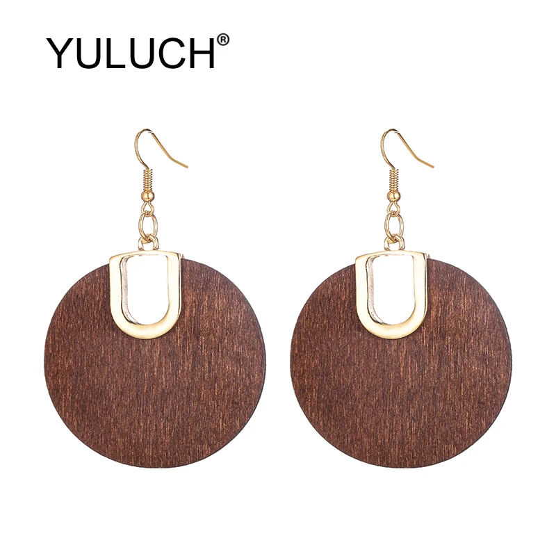 

YULUCH Ethnic Big Drop Earrings Fashion Jewelry Pop Women Round Natural Wooden Golden Black Metal Long Dangle Earrings For Women