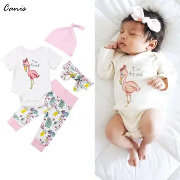 

USA Newborn Baby Girl Flamingo Romper Tops Pants Leggings Outfits Headband 4PCS Set 0-18 months