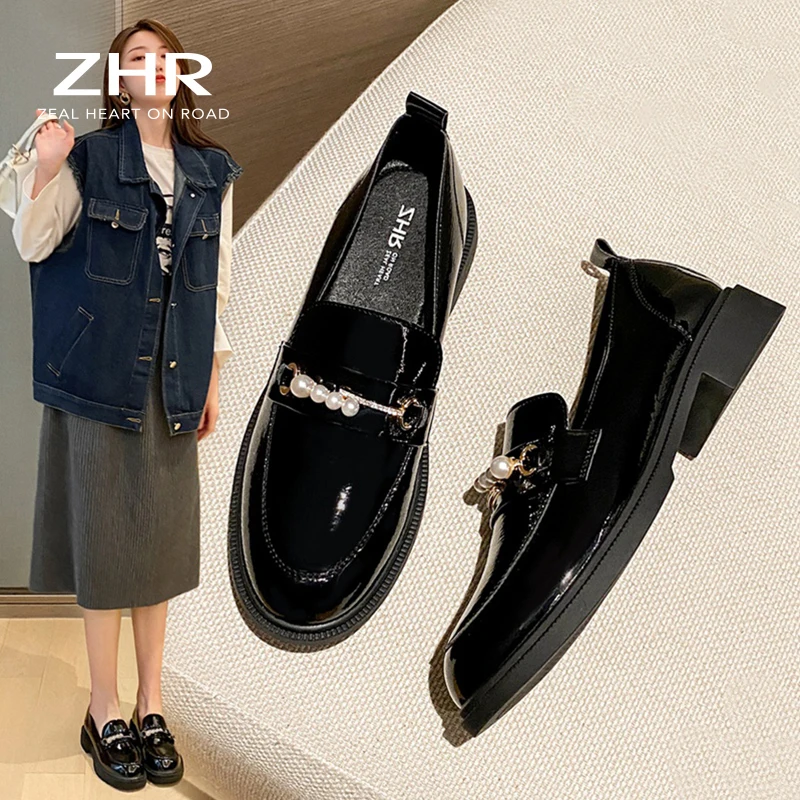 Zapatos Vintage de piel sintética sin cordones para mujer, mocasines femeninos para oficina, a la moda, con decoración de perlas, para primavera, 2021