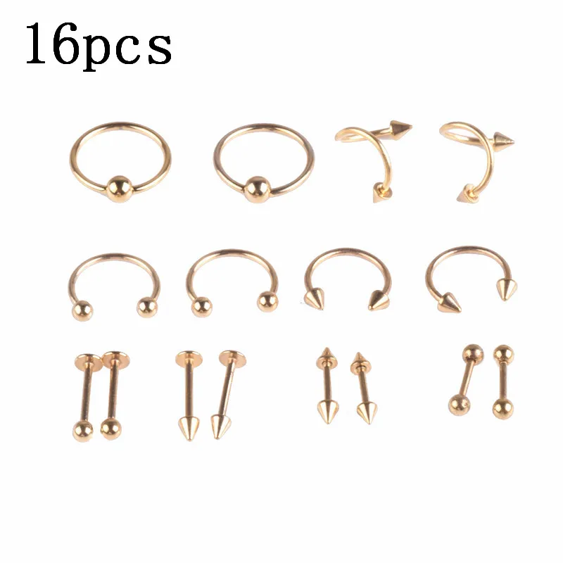 Gold 16pcs 16/32 шт. Нержавеющая сталь из нержавеющей стали, rook пирсинг в форме раковины поддельный пирсинг для носовой перегородки Спирали Кольцо для пирсинга брови pircing lengua драгоценных камней - Окраска металла: Gold 16pcs