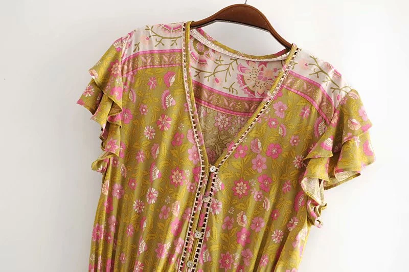 Boho chic Happie Женский цветочный принт на шнуровке с эластичной талией с коротким рукавом с v-образным вырезом богемный вискозный комбинезон