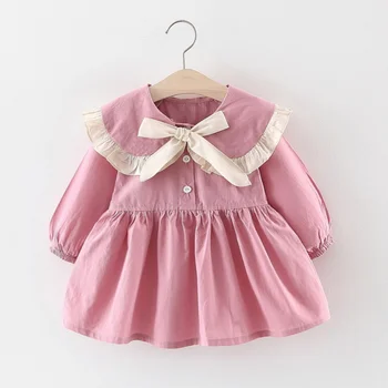 

Baby Girls Cute Round Collar Dress Spring Autumn Newborn Bow Solid Color Princess Dress Birthday Costume Infant Clothes