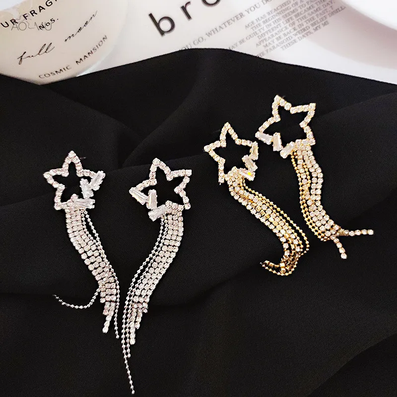 

AOMU S925 Sterling Silver Pin Crystal Hollow Pentagram Metal Ball Rhinestone Tassel Long Drop Earrings for Women Gifts Jewelry