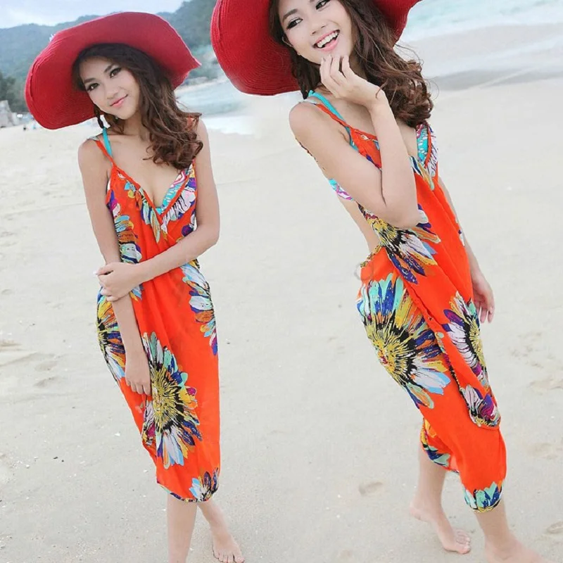 Floral Printed Boho Maxi Dress Women Summer Bohemian Dress V Neck Big Swing Sleeveless Holiday Beach Vestidos long beach dresses Cover-Ups