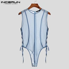 New Men's Sexy Leisure Sleeveless Onesies Fashionable Casual Solid Color Comfortable Rompers INCERUN Mens Tie Jumpsuits-5XL 2021