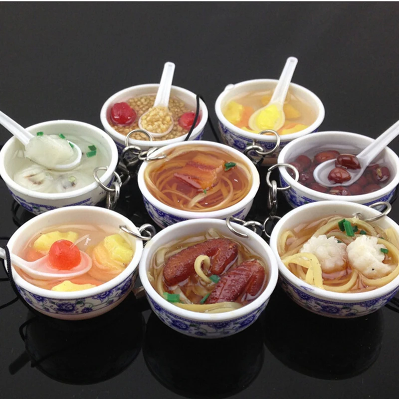 New Sale Simulation Food Key Chains Noodle Creative Keychain Chinese Blue And White Porcelain Food Bowl Mini Bag Pendant 1Pc