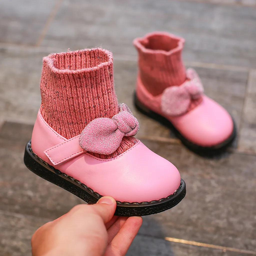Ботинки для принцессы для девочек зимние детские теплые спортивные зимние ботинки ботиночки с бантом Повседневная обувь botas de agua#3 - Цвет: Розовый